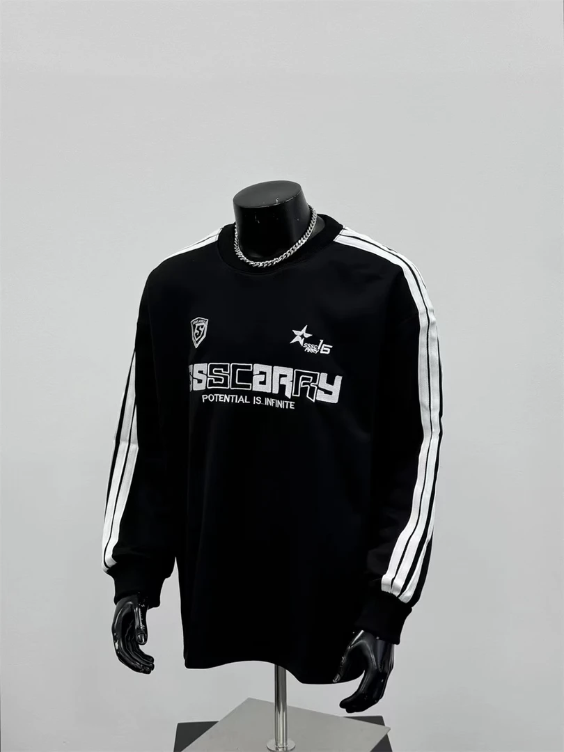 2025春季新款美式潮牌字母刺绣袖边杠圆领卫衣宽松男黑色