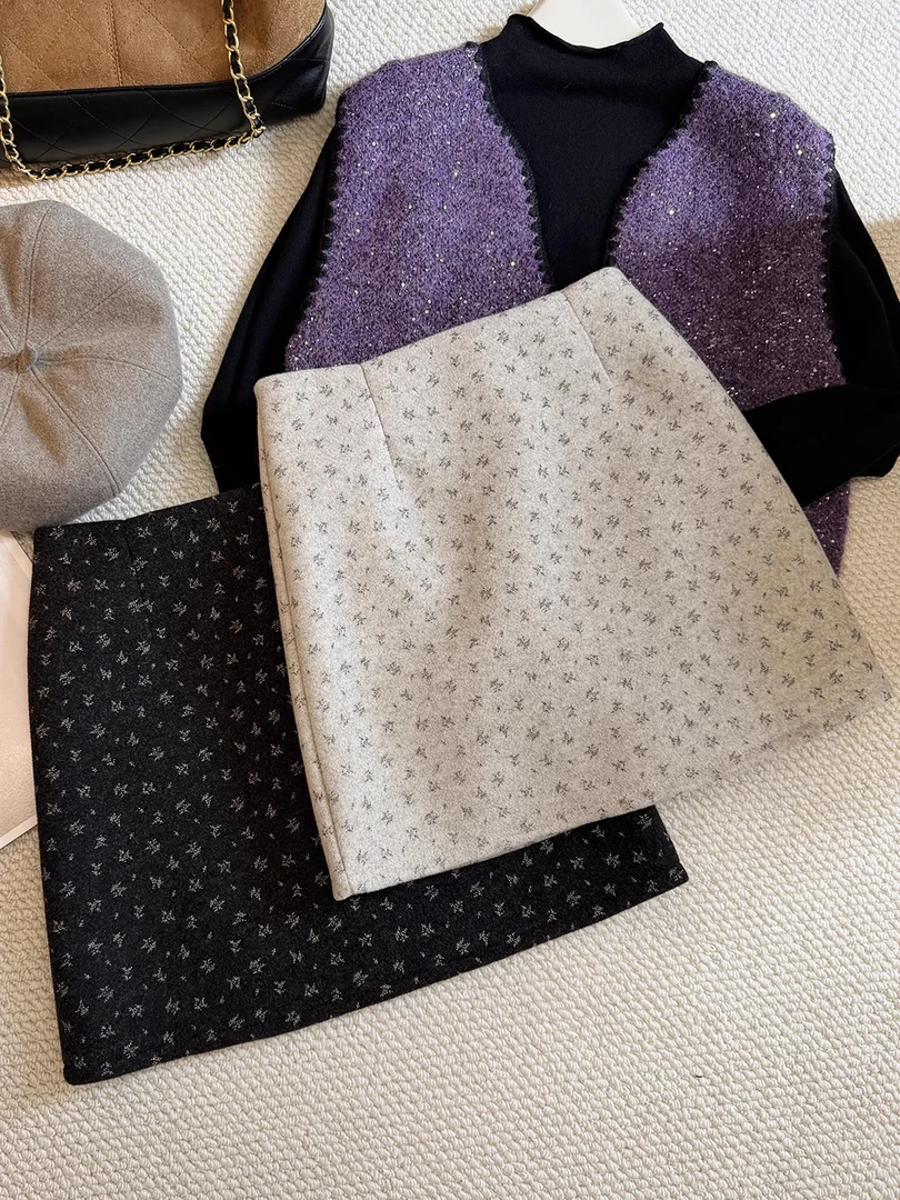 优雅风气质碎花高腰加厚毛呢半身裙女秋冬显瘦百搭A字裙短裙