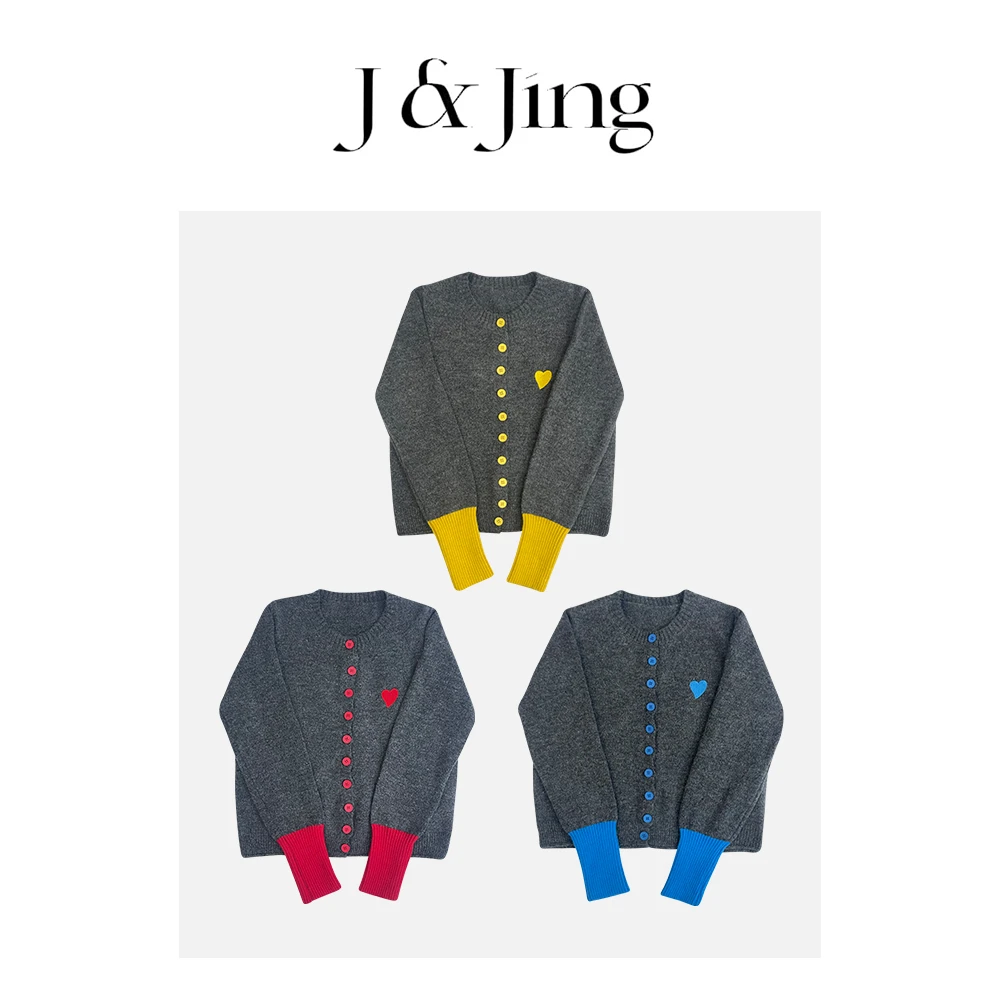 J&Jing-「珍妮糖果屋」-春款上新~撞色刺绣爱心针织毛衣开衫Y24470