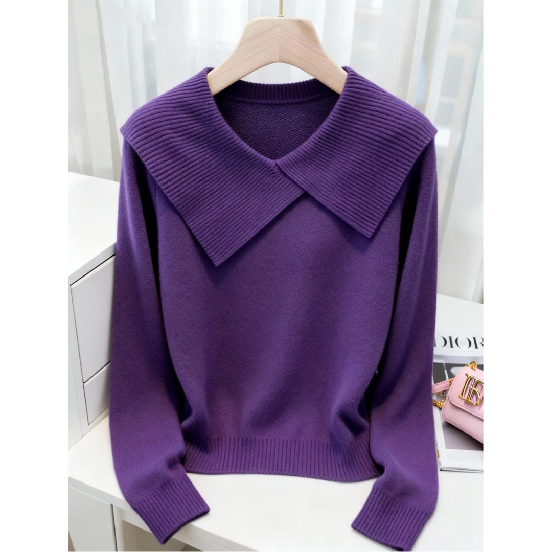 紫色翻领针织衫上衣女2025秋冬新款法式轻熟风高级感洋气时尚毛衣