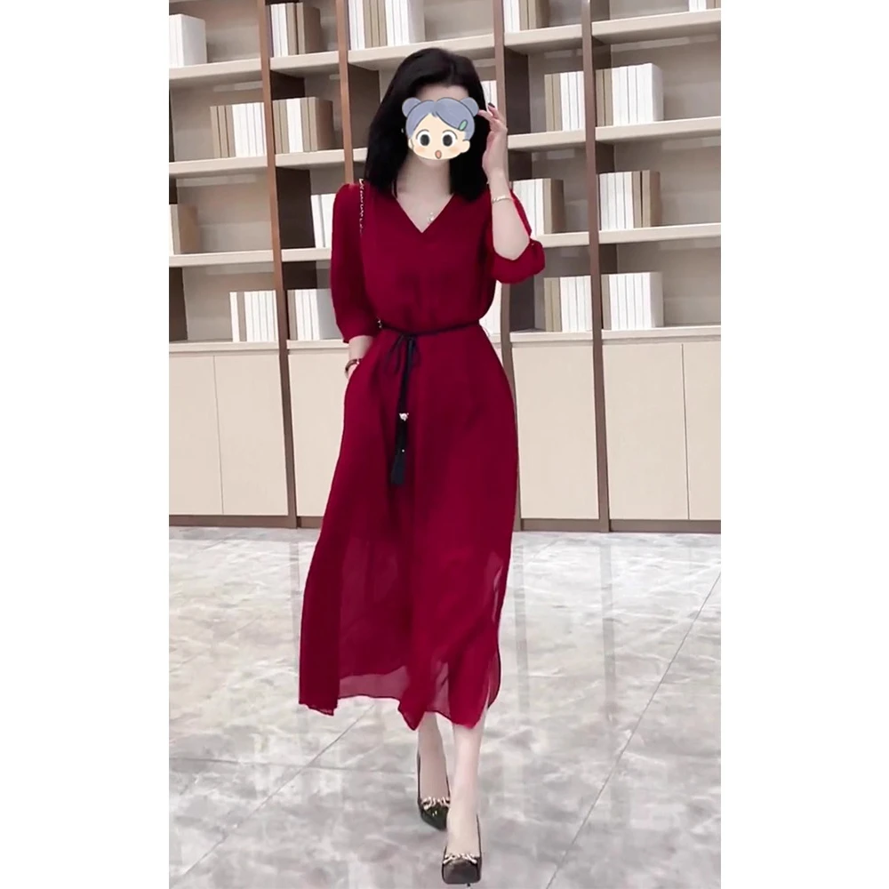 2025新款高端精致气质女装高级感洋气减龄高定长裙红色连衣裙夏季