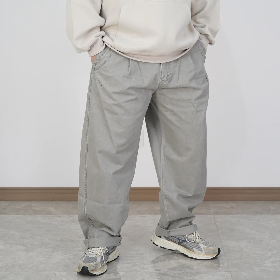纯棉全棉。男士纯色长裤简约休闲重工水洗微弯刀宽松大码XY-BK02