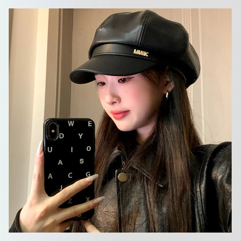 韩版秋冬季PU皮纯色八角帽百搭时尚显脸小鸭舌报童帽女金属标帽子