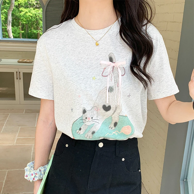 立体蝴蝶结小猫印花短袖T恤女氛围感穿搭韩系时尚宽松正肩上衣夏