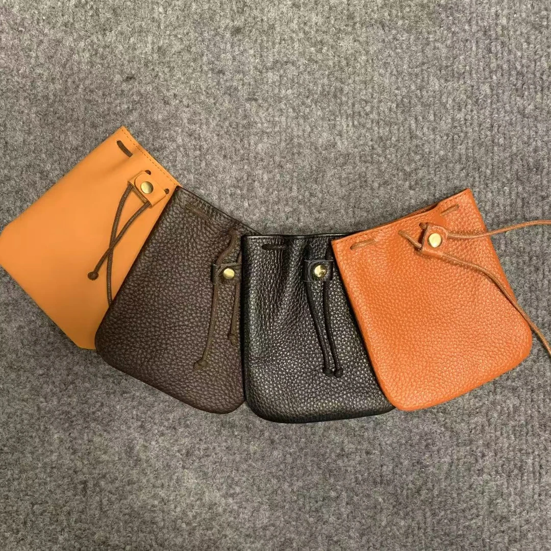 真皮小福袋复古牛皮卡片零钱硬币收纳袋抽绳束口里外真皮百搭时尚