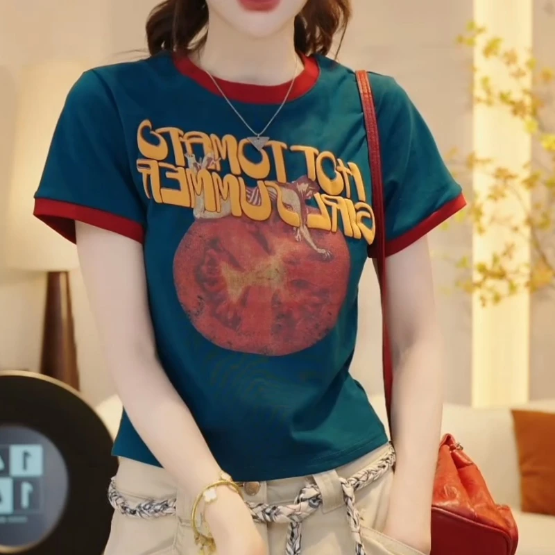 『闲日柔彩』夏季新款撞色印花圆领时尚百搭T恤上衣LK2504102