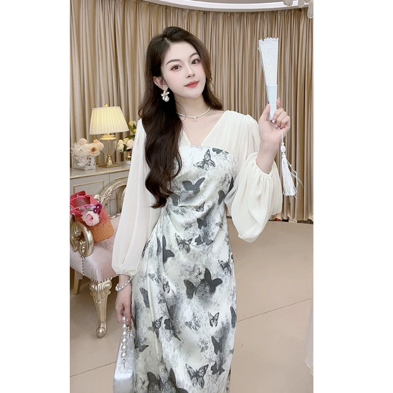2025春新款蝴蝶印花收腰开叉长裙宴会优雅高档M-2XL