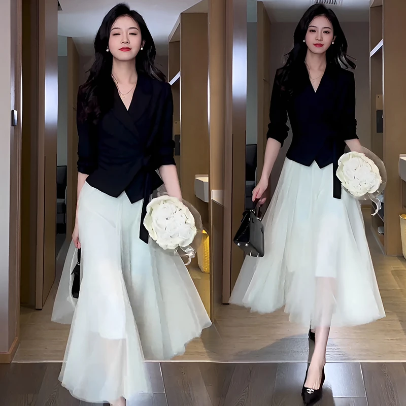 春秋新款法式御姐轻熟黑色小西装白色半身裙小个子学院风两件套装