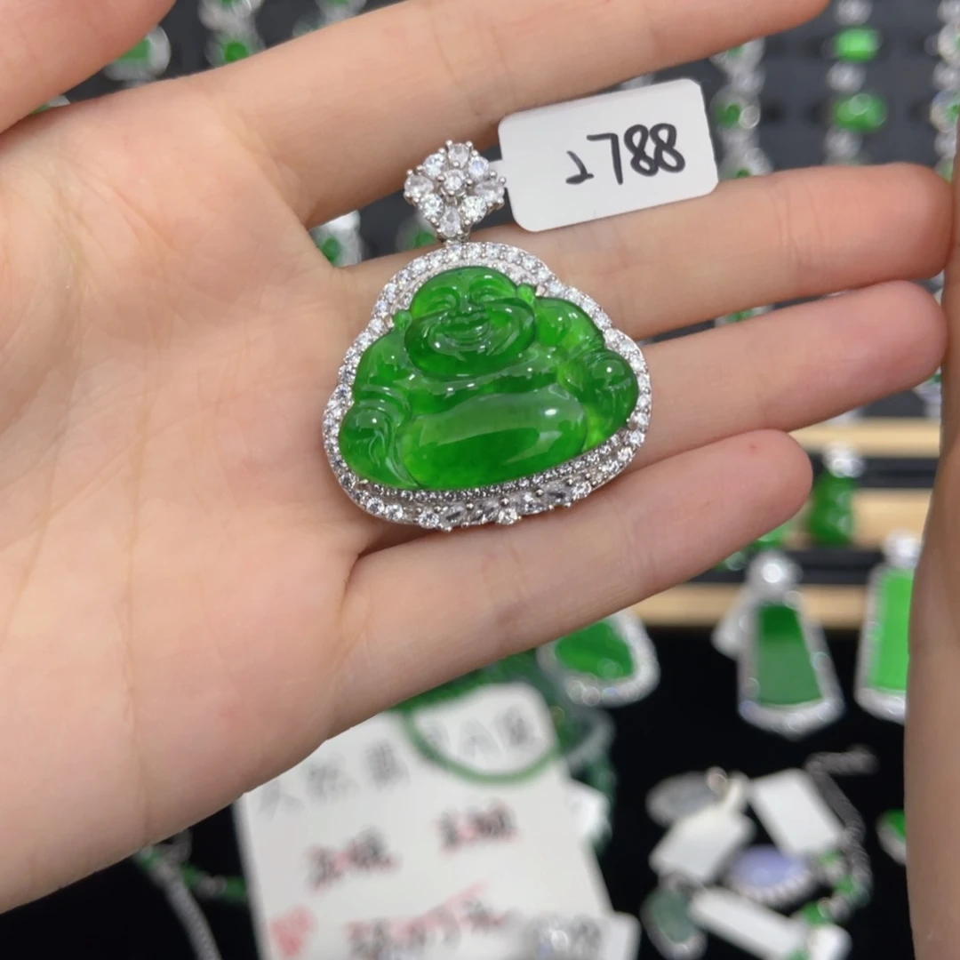 娃***哈翡翠戒指银S925镶嵌佛公吊坠