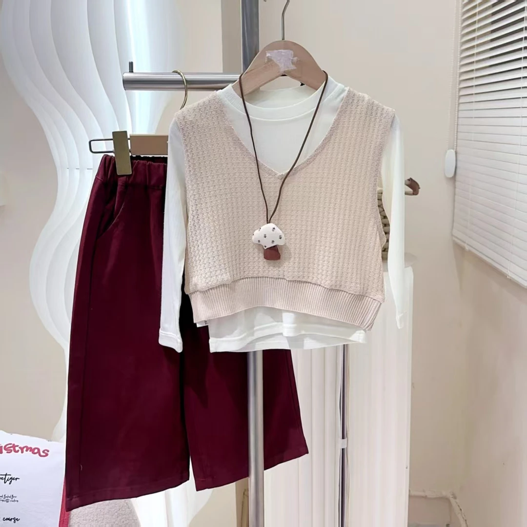 251080 女童韩版棉质休闲马甲长袖T恤洋气百搭三件套