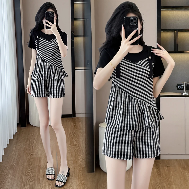 大码新款洋气时尚潮流条纹雪纺假两件吊带上衣+短裤休闲套装3638