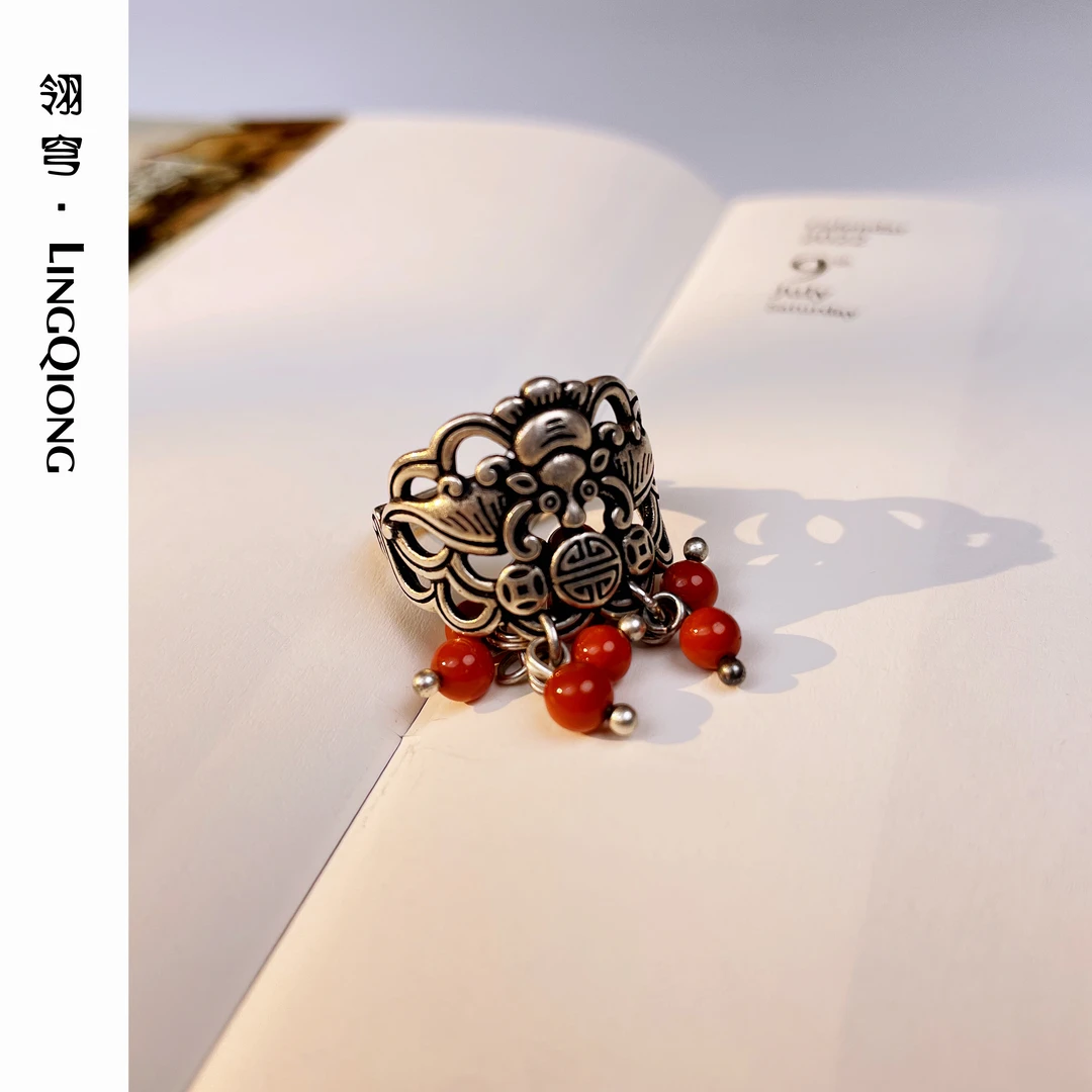 925银戒指 【偏偏来蝠】翎穹 LINGQIONG 寿纹蝙蝠红色珠珠流苏戒指