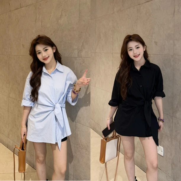 小个子衬衫韩版显瘦法式设计感高级女款气质纽扣绑带收腰长袖上衣