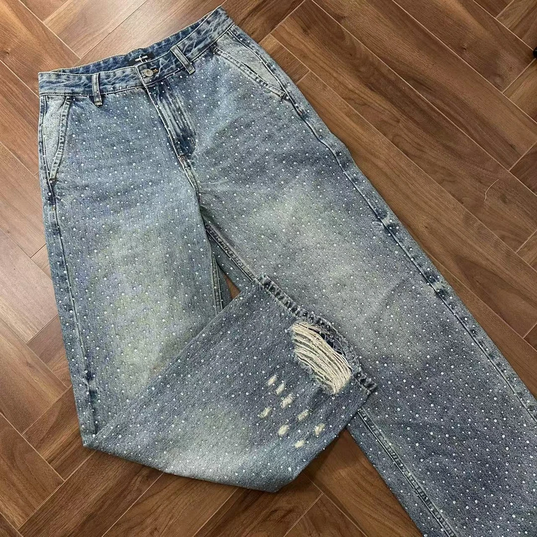 设计感满钻做旧磨破牛仔直筒裤9857