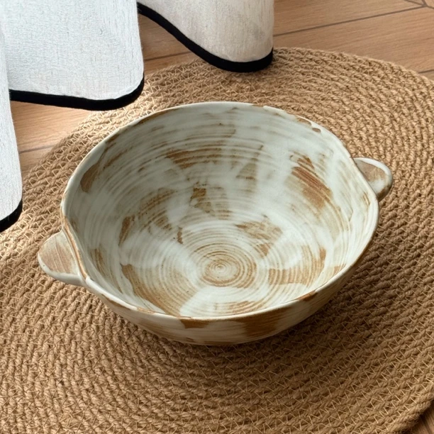 流云螺纹双耳复古做旧浮雕手作釉下彩拌面碗7英寸双耳深盘