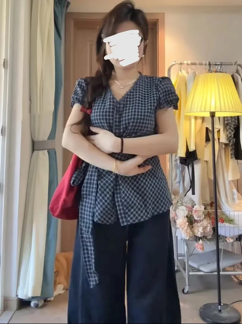 公主 2025夏季新款大码女装韩系设计感格纹绑带衬衫上衣9923