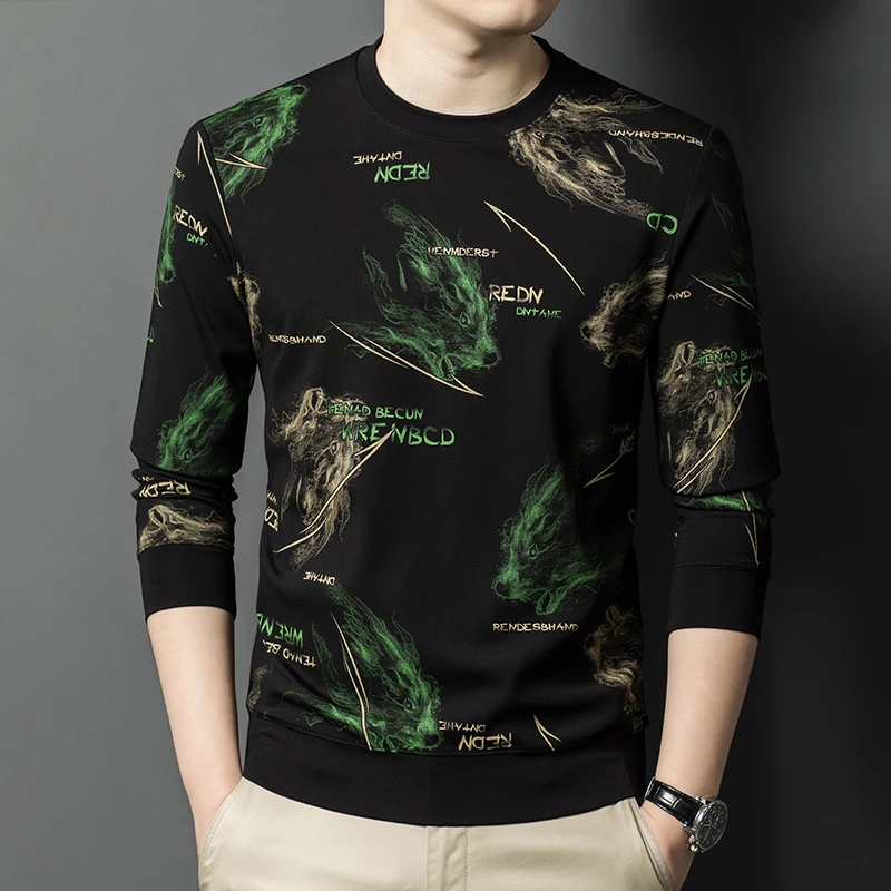 韦内卡彻圆领印花男士长袖秋季新款国潮男装宽松时尚卫衣硬挺帅气