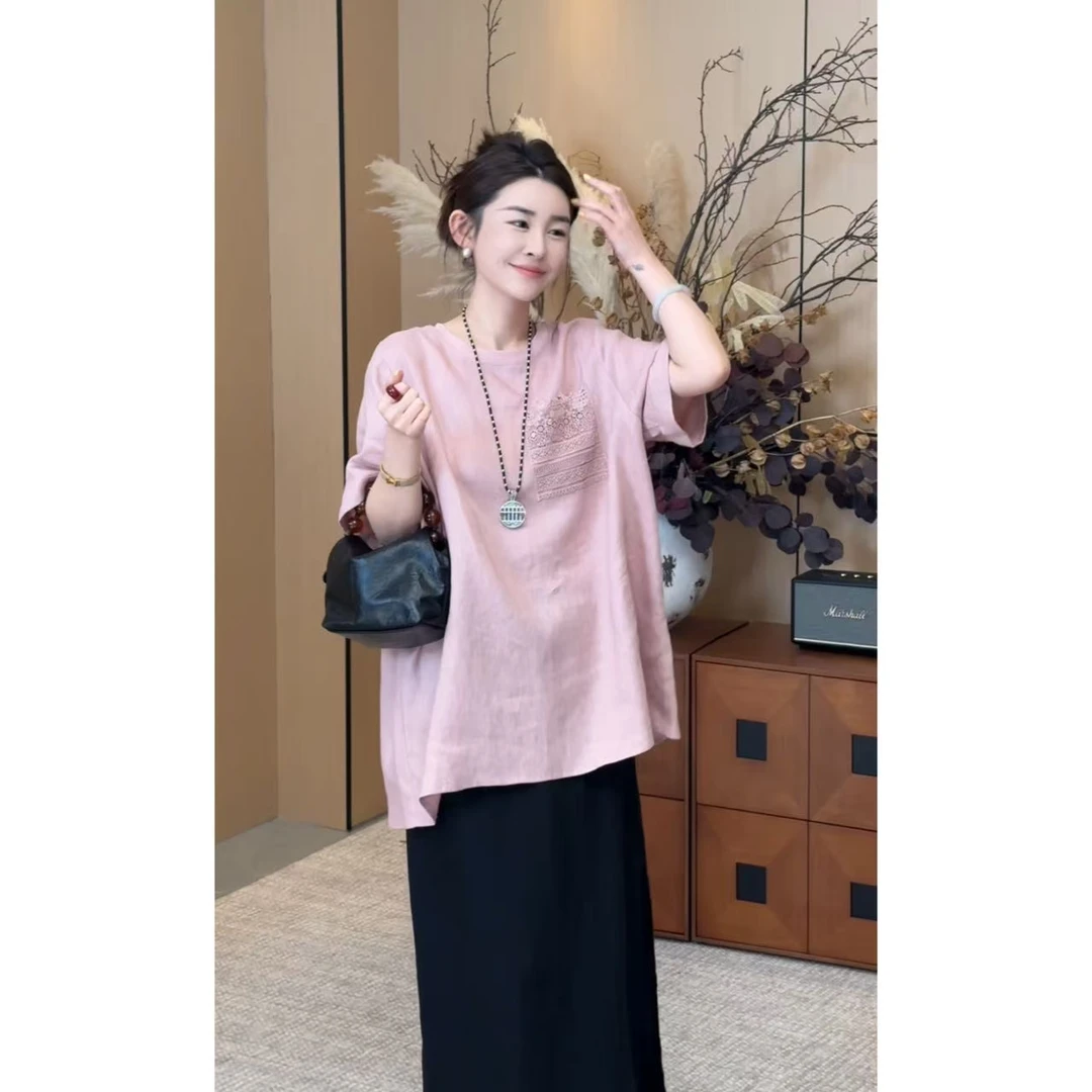 玖了个玖 2025夏 极简百搭后背立体镂空绑带设计麻料T恤2506C3518