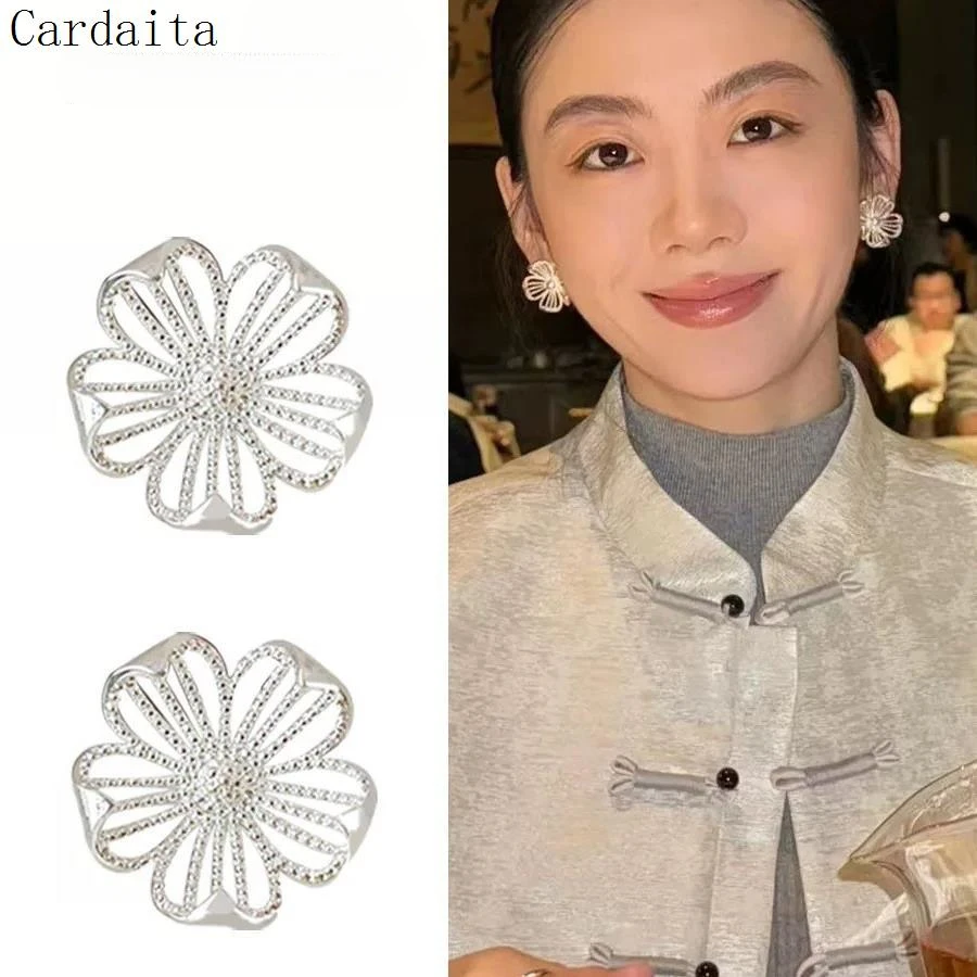 铜合金锆石耳饰 S925银针小众设计镂空花朵耳环女清冷流苏耳饰气