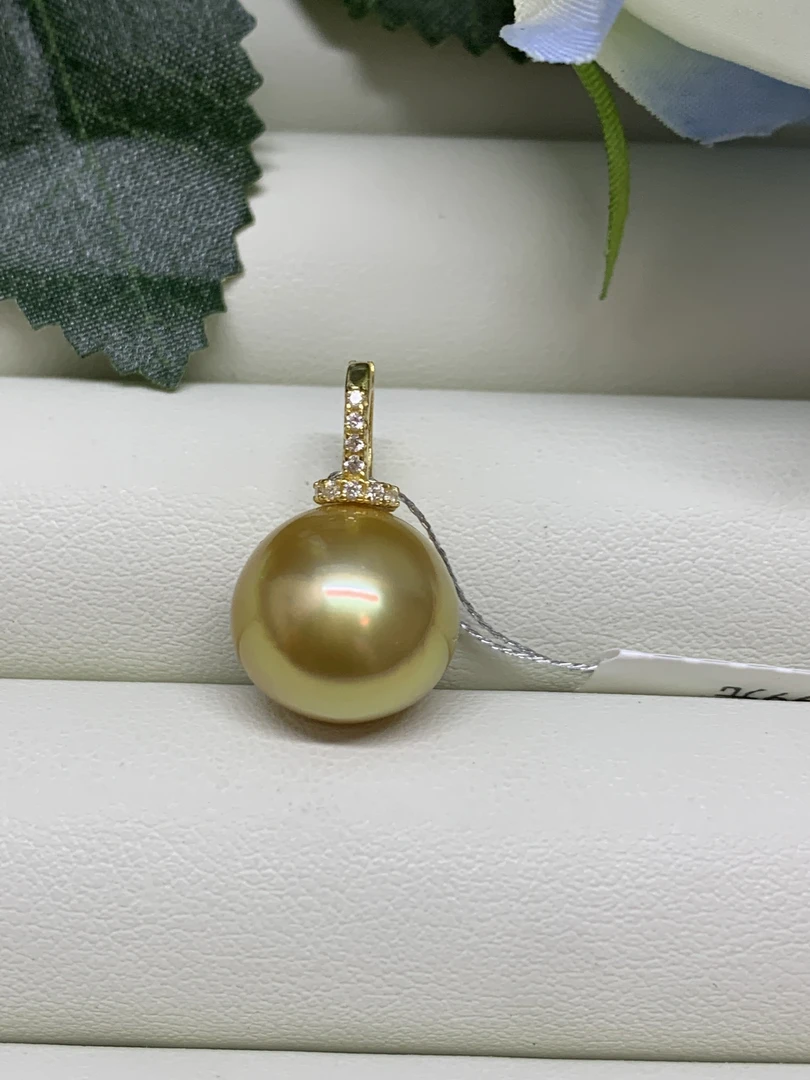 天然海水珍珠南洋金珠绿茶金吊坠12-13mm