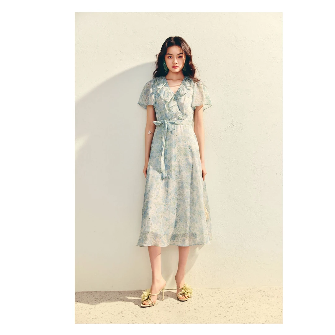 MAXRIENY2025年春夏新款浪漫感绿色印花连衣裙显瘦长款碎花甜美