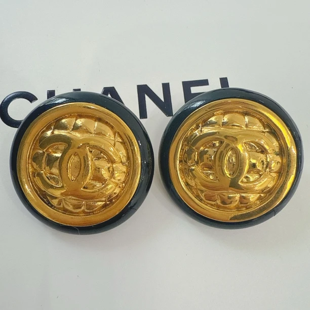 95新 Chanel/香奈儿 Chanel vintage香奈儿中古黑金大菱格耳夹