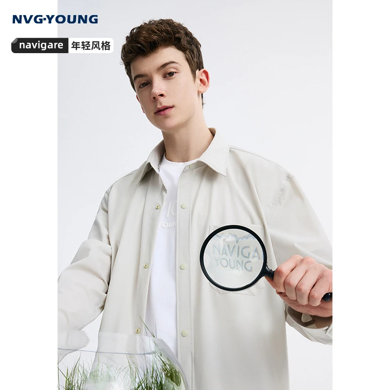 NVGYOUNG意大利小帆船灰色休闲长袖衬衫男士薄款宽松工装衬衣外套