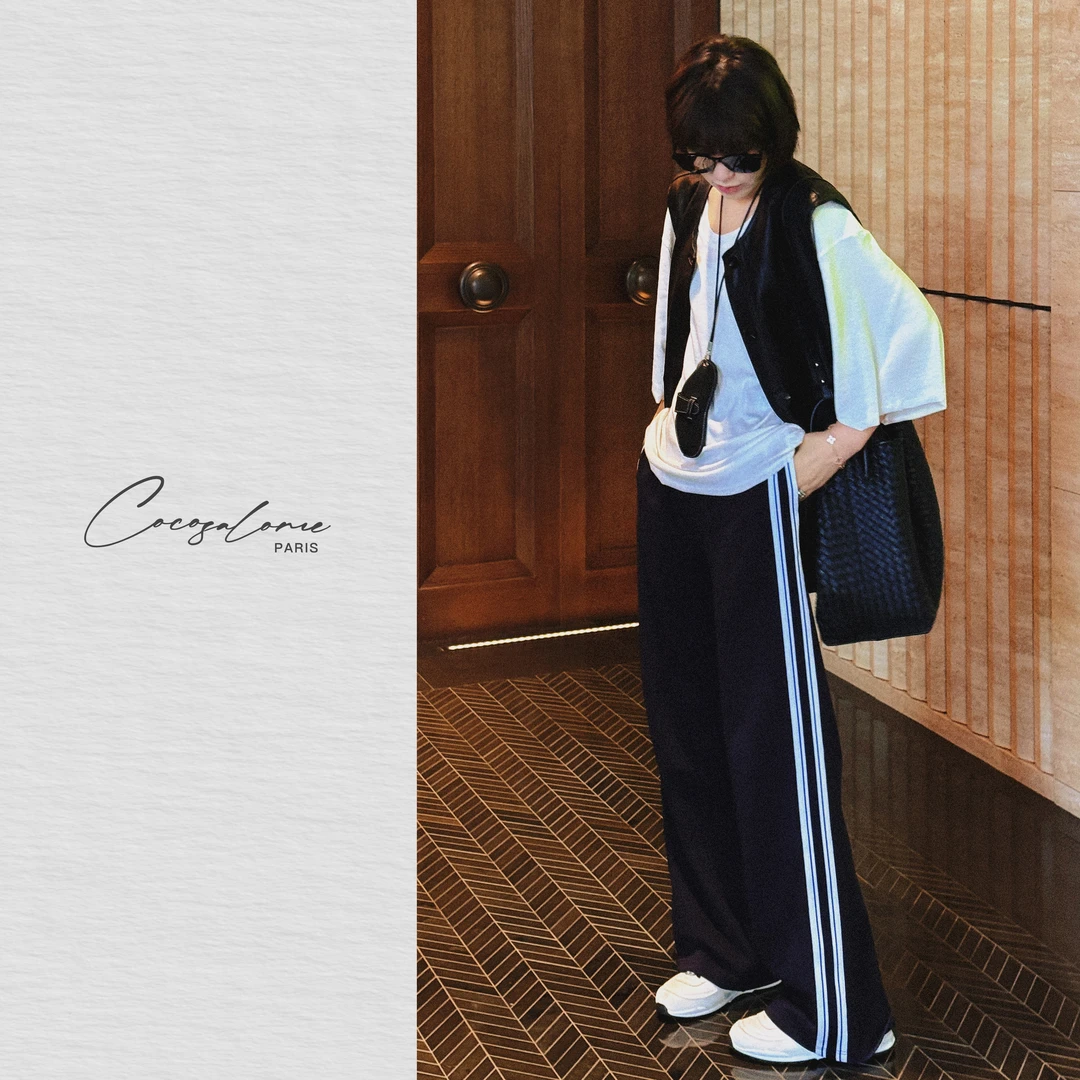 韩彬彬"校服裤"经典时髦撞色竖条休闲直筒宽松显瘦长裤2487-2