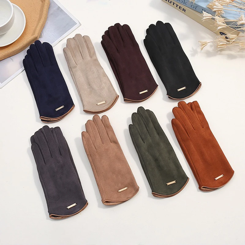 鹿皮绒男女款保暖手套加绒防寒露指可触屏手套半圆腕口时尚韩版