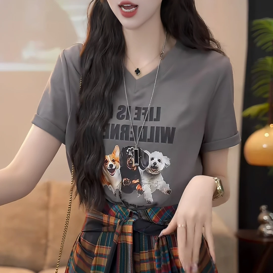 2025新款夏季美式复古女装小狗印花短袖T恤女灰色休闲百搭上衣潮