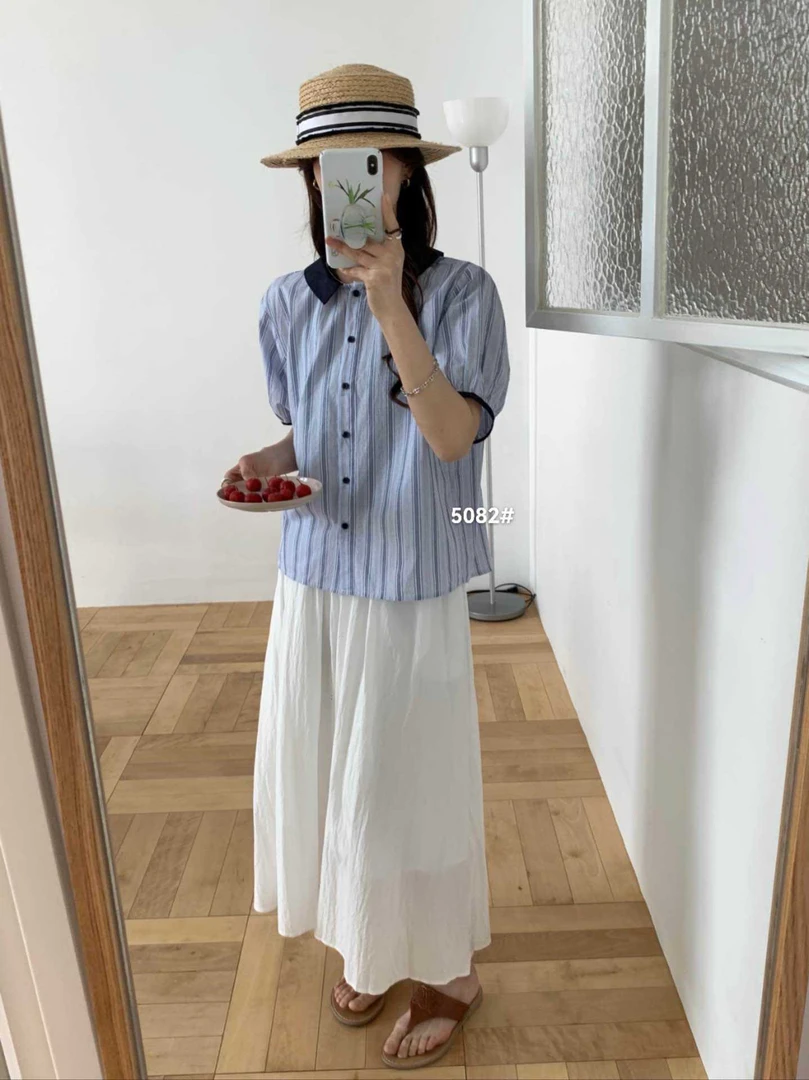 5082撞色衬衫领蓝条纹衬衫