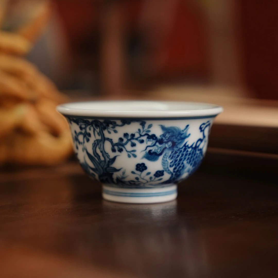 钟家窑麒麟青花小压手纯手工主人杯手绘茶杯柴窑