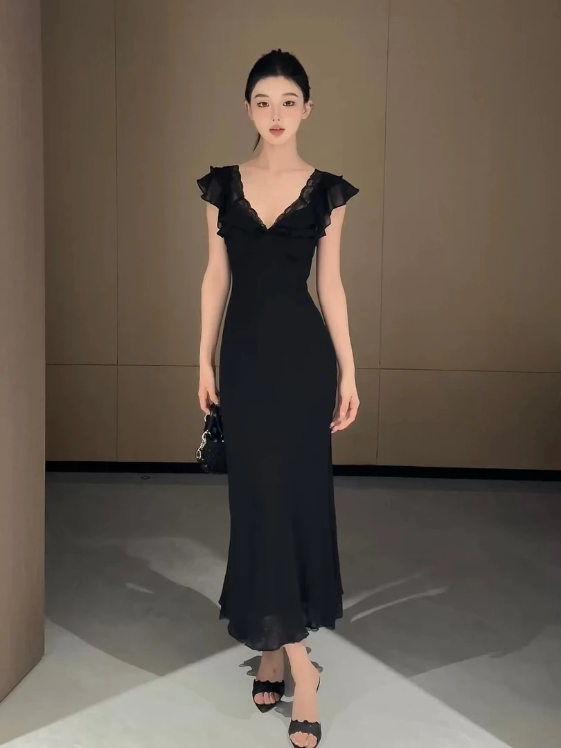 现货【春日部】荷叶边V领飞边袖连衣裙0874