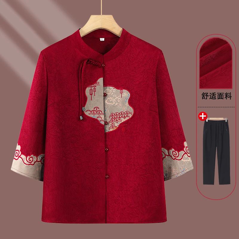 奶奶春装衬衣中老年人夏装女喜庆妈妈衬衫老太太中袖上衣老人衣服