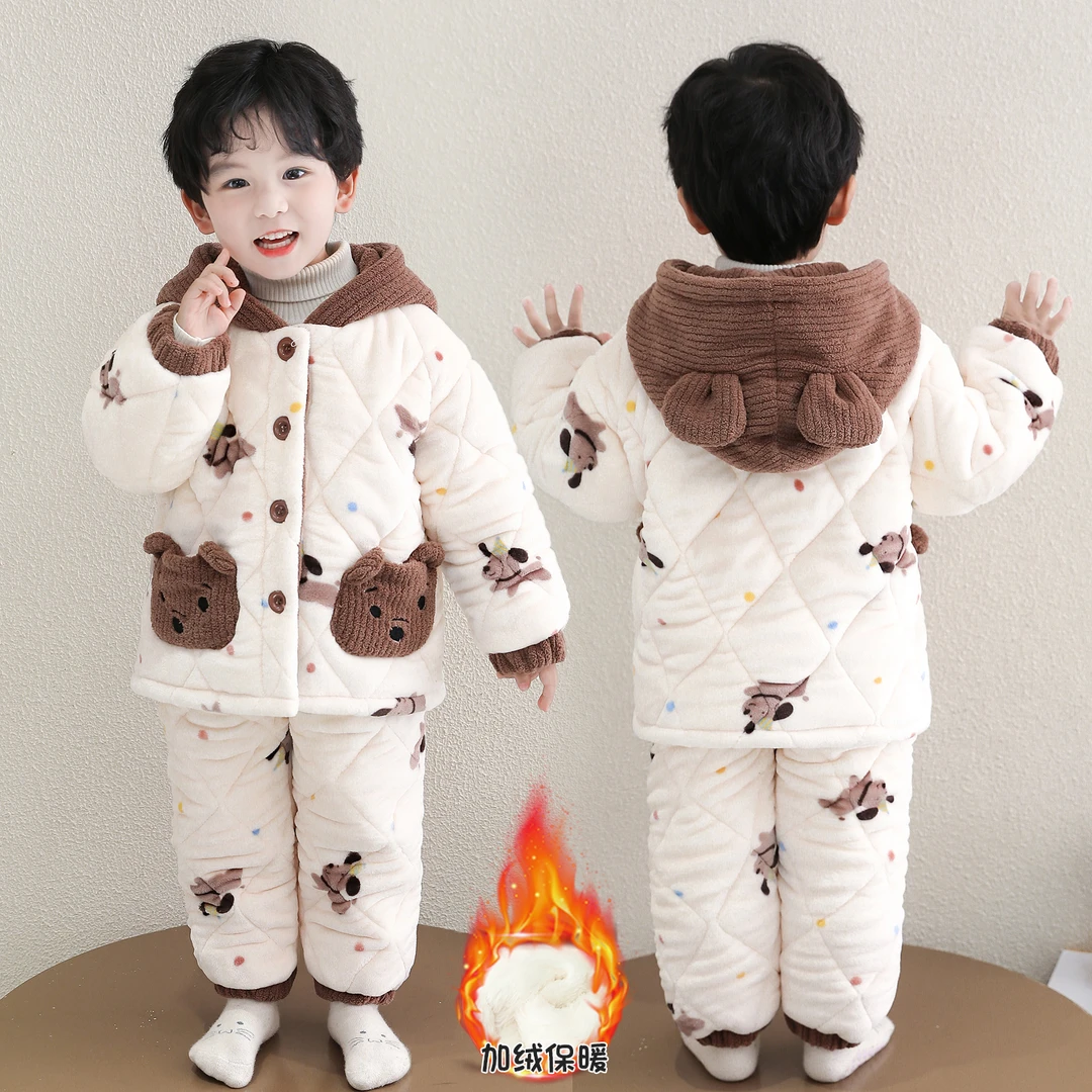 儿童加厚加绒睡衣男孩冬款洋气休闲风三层夹棉男童宝宝保暖家居服