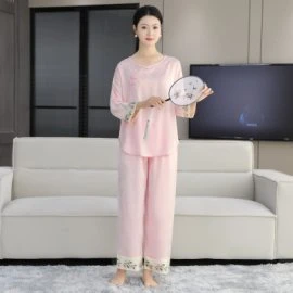 2025春夏女款冰凉丝滑短袖长裤夏季睡衣休闲居家薄款家居服套装