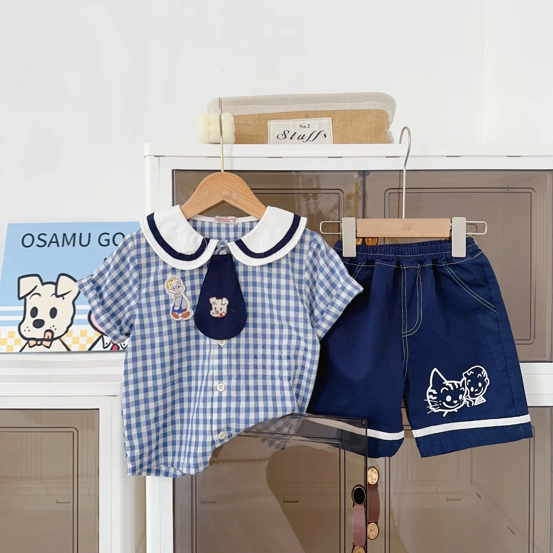 原田日式女卡通动漫学院风方格夏季套装休闲风纯色门襟女童男童
