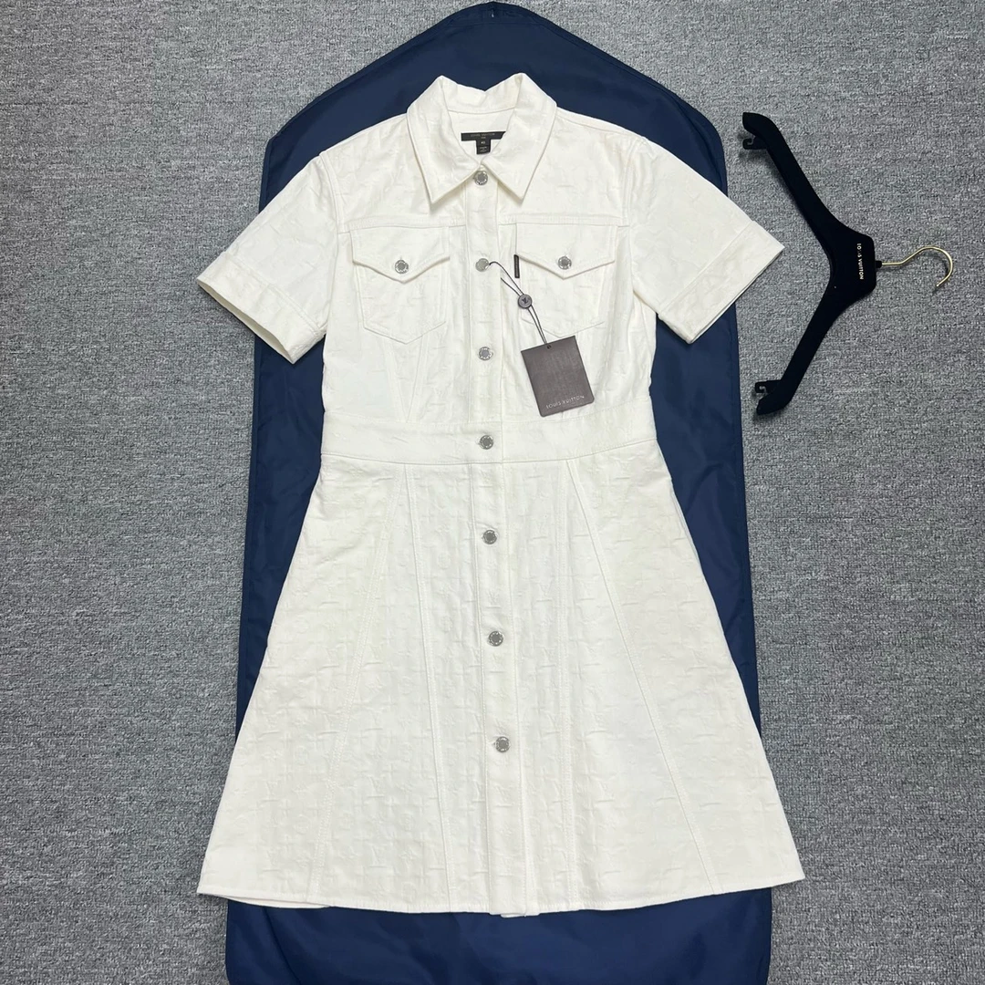 99新 LouisVuitton/路易威登 LV 白色老花满印牛仔连衣裙 40码