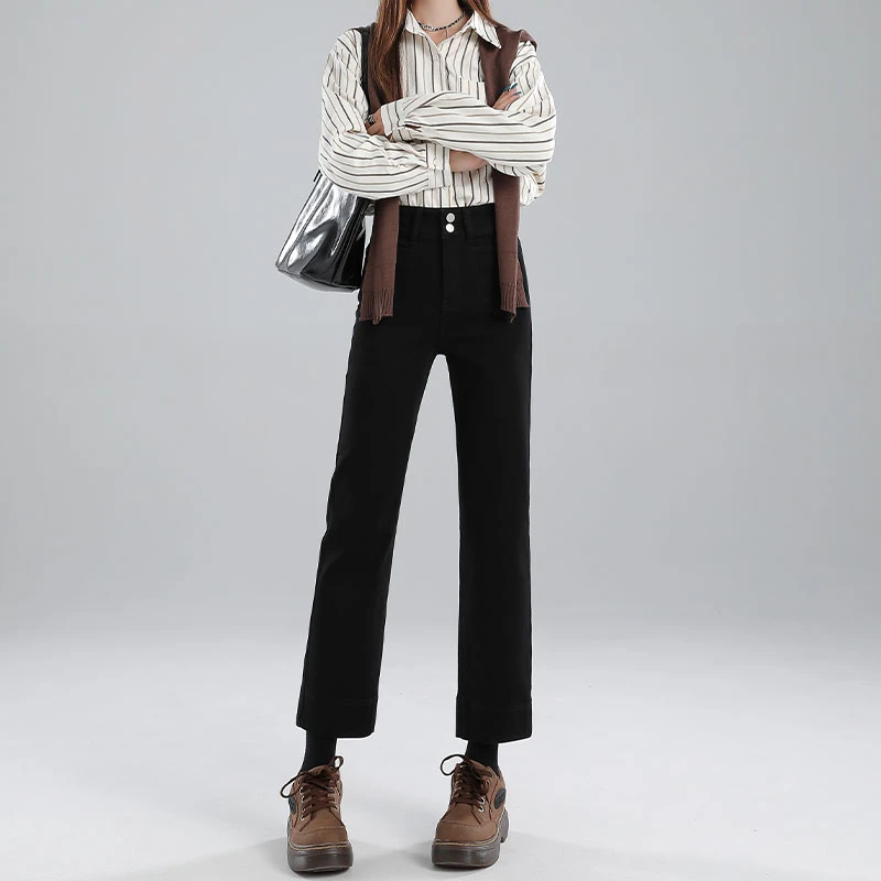 美式窄版直筒牛仔裤女春秋季新款黑色高腰显瘦小个子九分烟管裤子