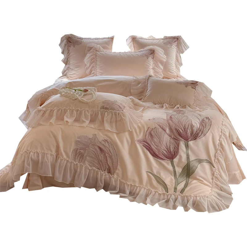 美作师郁金香花卉刺绣印花被套公主风全棉160支长绒棉四件套夏季
