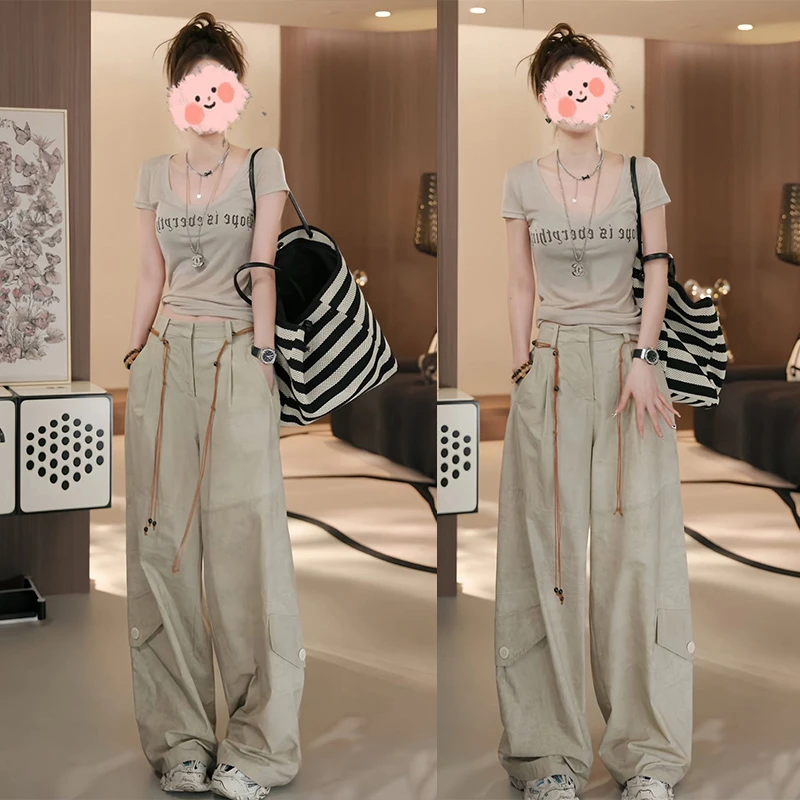 2025夏季新款时尚休闲洋气百搭印花短袖T恤+阔腿工装裤两件套套装