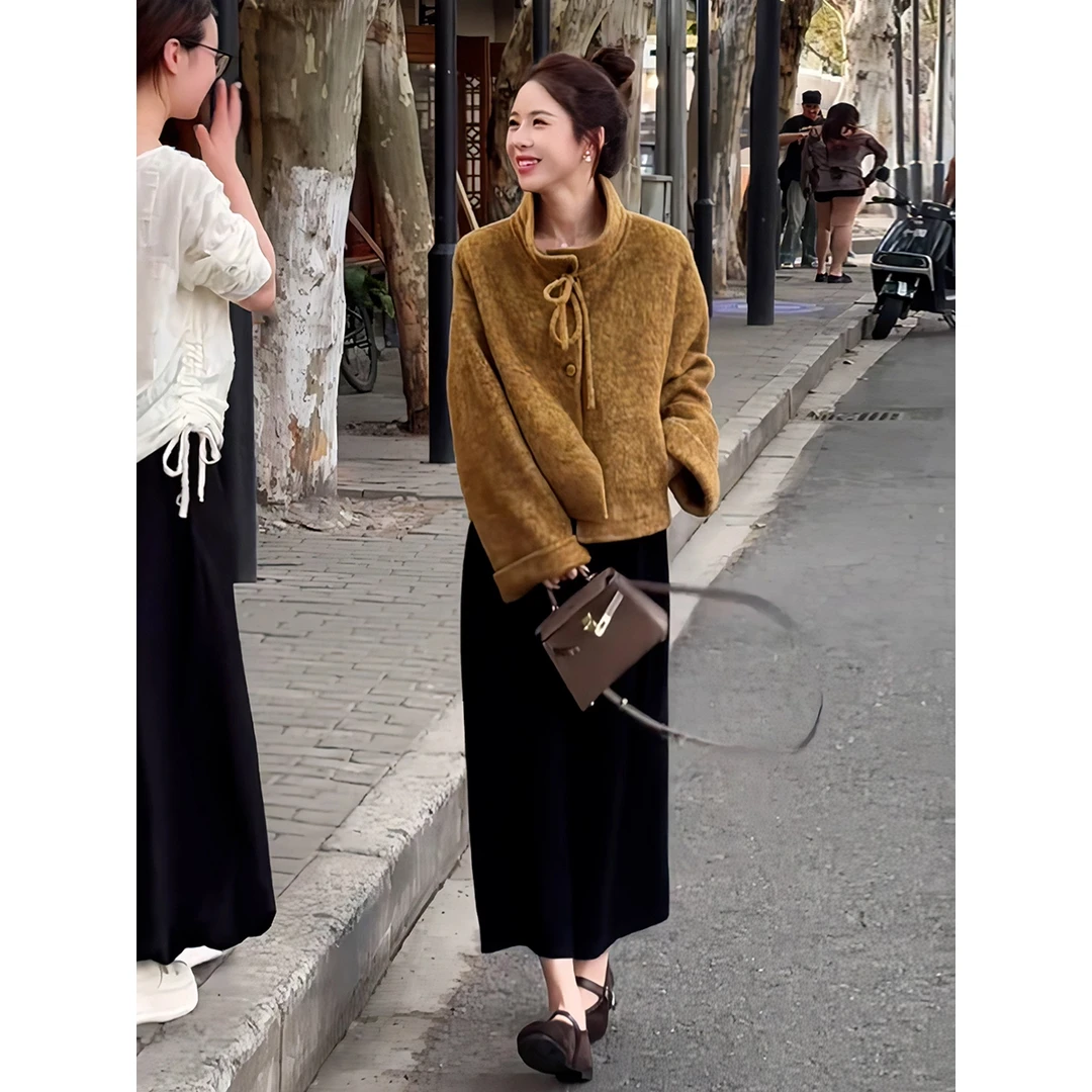 秋冬季韩版时尚高级感套装百搭系带立领毛呢外套百搭半身裙两件套