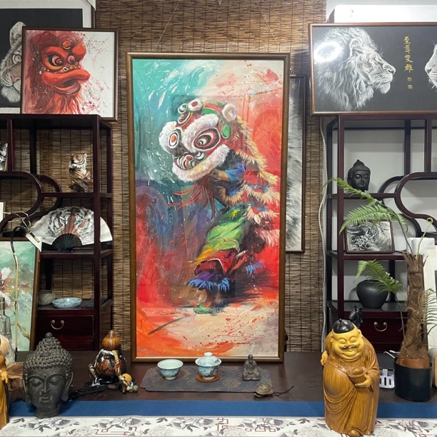 纯手绘《舞狮》纳福招财手绘带框124x64 客厅茶室 书房办公室挂画