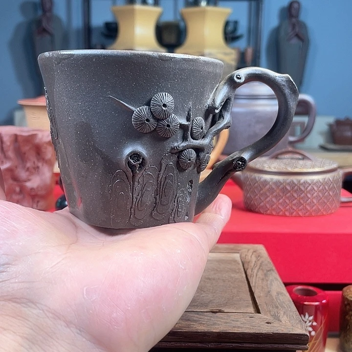 紫砂茶杯全手工松桩杯口微花