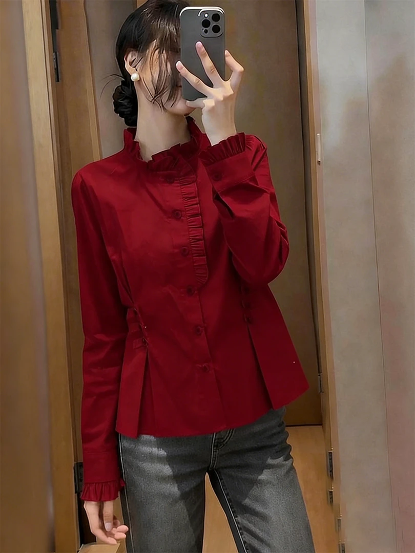 本命年立领红色衬衫女2025冬季木耳边显瘦慵懒风气质百搭长袖上衣