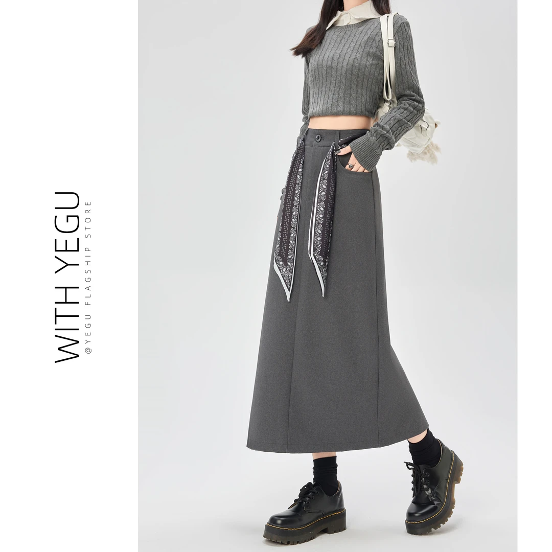灰色丝巾系带西装半身裙女春秋高腰a字直筒裙设计感后开叉包臀裙