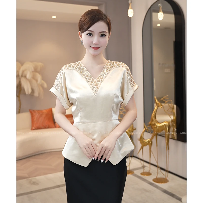 2025夏新【LT-X1188】洋气小众法式高级感气质香槟色短袖衬衫上衣女