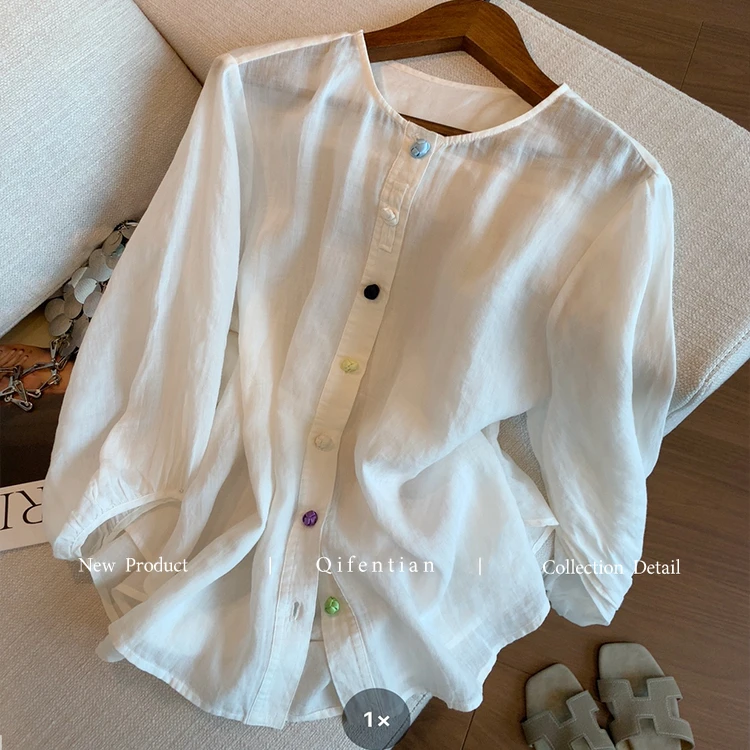 新中式彩色盘扣七分袖衬衫女2025夏新款高级气质简约宽松圆领上衣