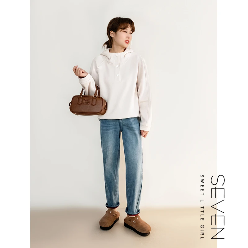 ③七七146小个子美式半开领连帽加绒卫衣女百搭外套小美说