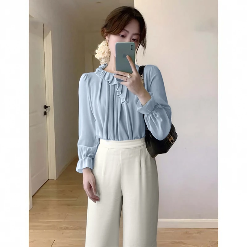【两件套】温柔荷叶边泡泡袖清新衬衫女春秋裤子套装D3602